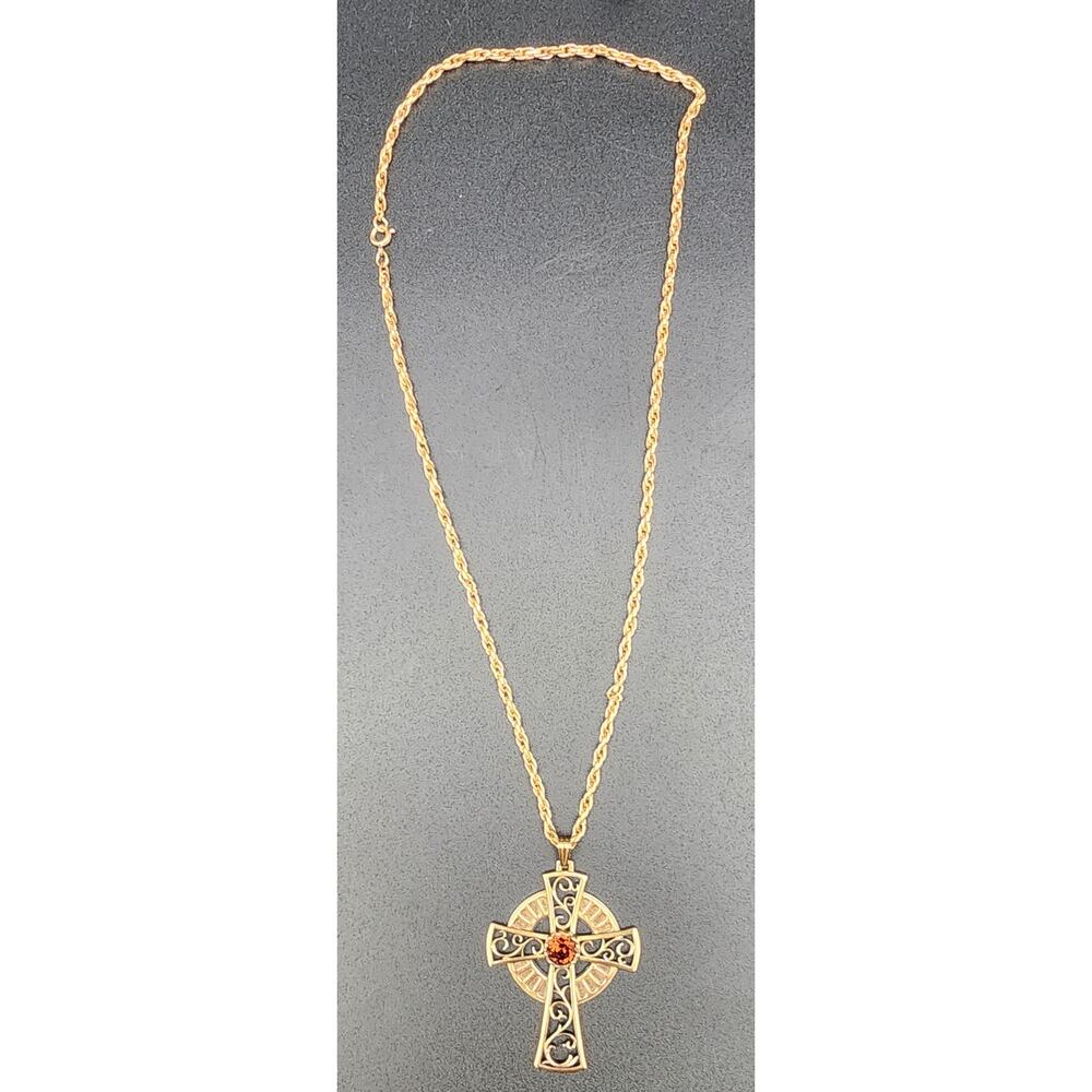 1979 Sarah Coventry Celtic Cross Necklace w/ Amber Gemstone – Limited Edition